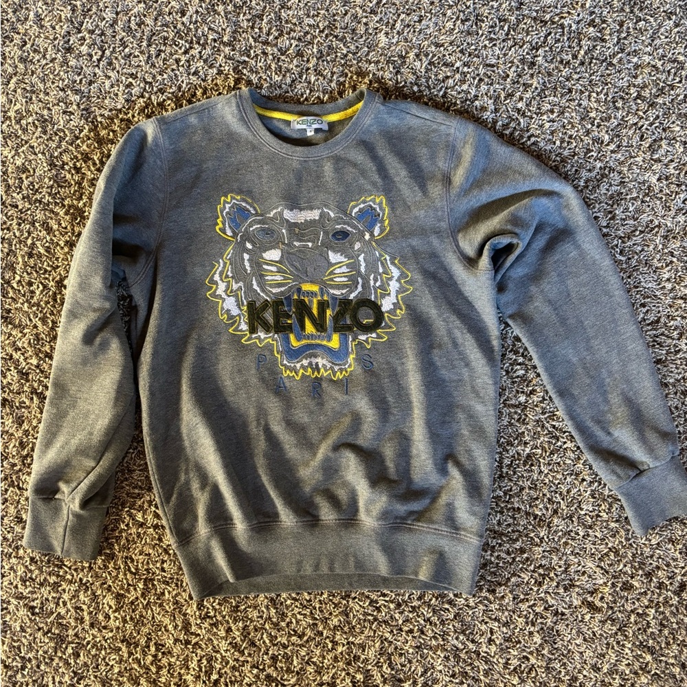 Kenzo Gray Crewneck Sweater with Yellow & Black Tiger Logo